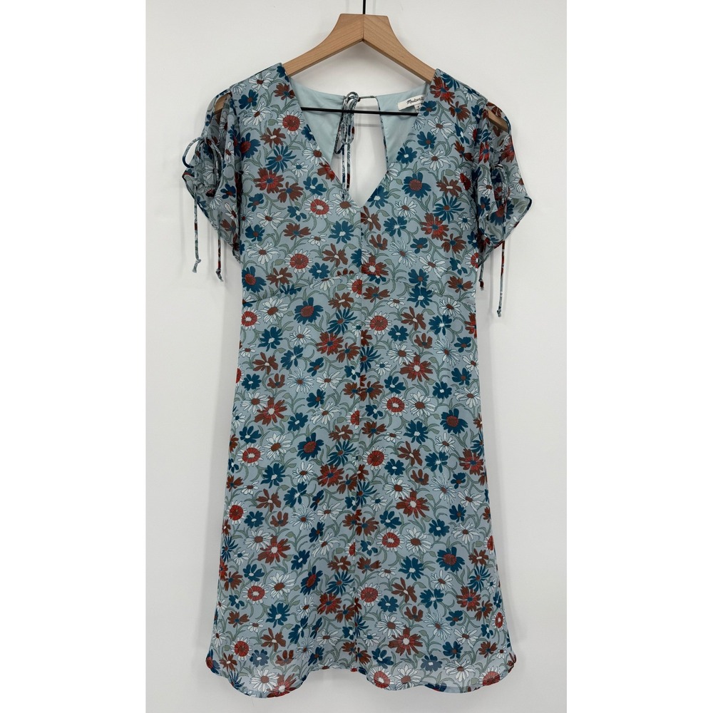Madewell Dress Womens 4 Blue Floral Tie Sleeve Smocked Back V-Neck Chiffon